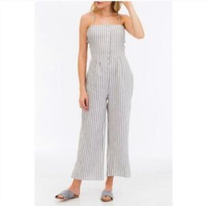 OLIVACEOUS STRIPED OPEN BACK LINEN JUMPSUIT SMALL